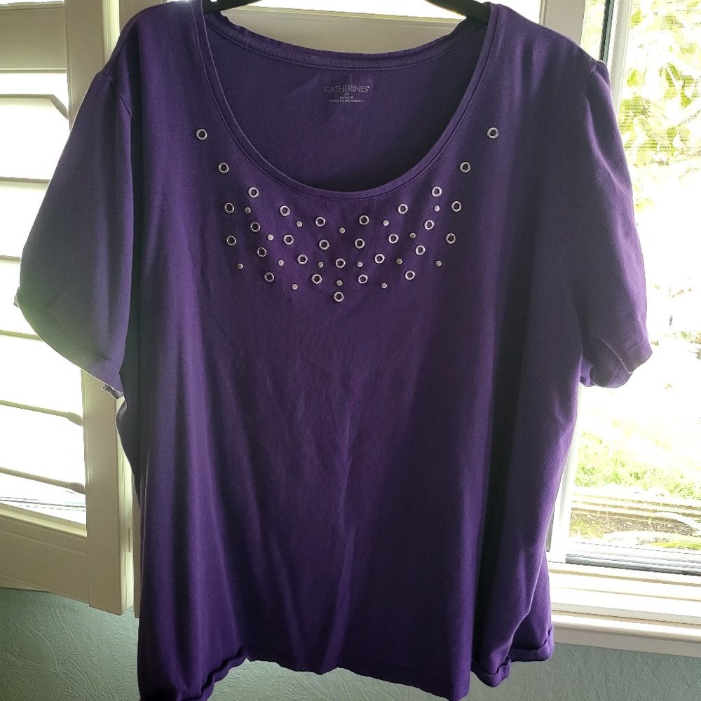 Catherines Purple Silver Boat Neck Blouse Short Sleeve Plus 2X 22/24 W